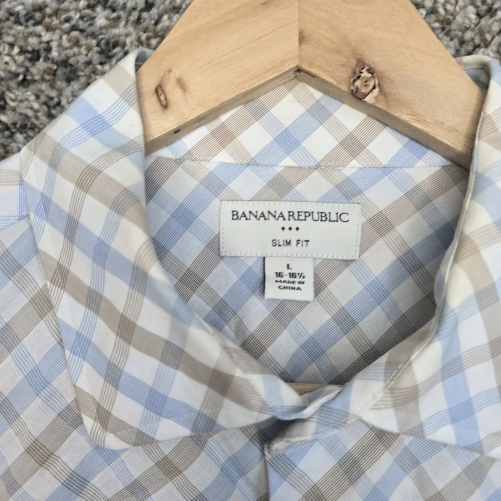 Banana Republic Shirt Mens‎ Large 16-16.5 Blue Plaid Button Up Slim Fit Casual
